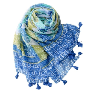 Bohemian style blue cotton scarf with geometric patterns and fringe tassels for women