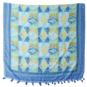 Bohemian geometric diamond print scarf with blue tassel fringe and lightweight fabric