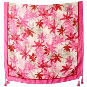 Écharpe en coton à fleurs tropicales roses avec feuilles rouges et glands