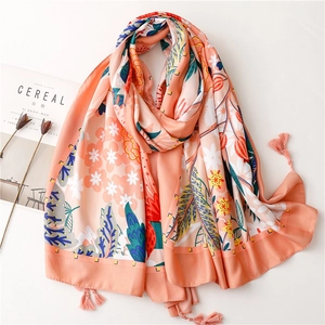 Women Long Scarf Shawl Satiny Viscose Fiber Floral Print Tassels Beach Sunscreen Ethnic Retro Travel Bohemian Style