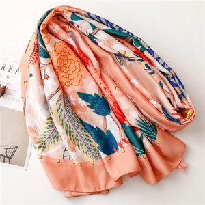 Floral peach beach shawl with yellow flowers and feathers printed on silky fabric