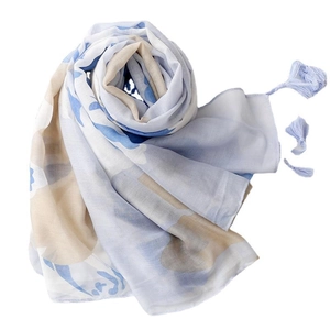 Sciarpa azzurra in stile etnico retrò con stampa floreale a inchiostro e nappe