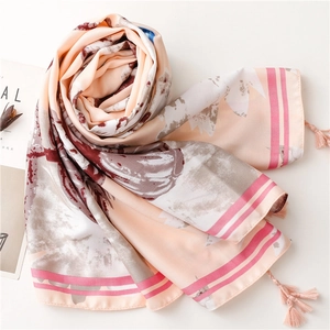Floral silk shawl with lotus prints and elegant tassels for summer beach sun protection