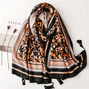 Women Scarf Shawl Leopard Print Twill Satin Polyester Tassel Beach Sunscreen Ethnic Vintage Large Long Wrap