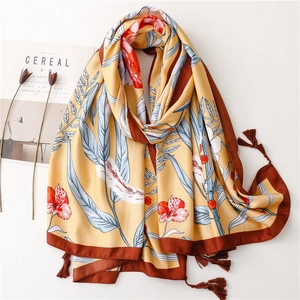 Long Floral Print Satin Scarf For Women Ethnic Style Beach Shawl Sun Protection Soft Wrap With Tassels Summer Travel