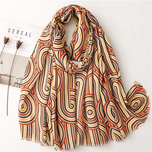 Abstract Geometric Print Scarf Colorful Concentric Circles Striped Long Shawl Soft Polyester Fringe Edge Retro Accessories For Women