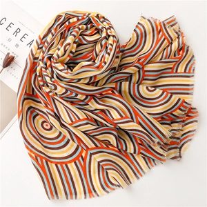 Detail of colorful geometric shawl with radiant stripes and fringe edges