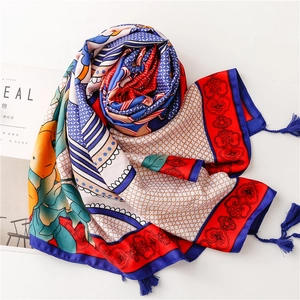 Ethnic style silk beach shawl with colorful totem patterns and blue corner tassels