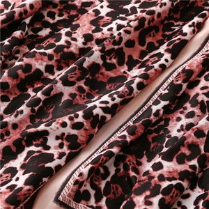 Macro detail of silk scarf featuring leopard print pattern with red and black spots