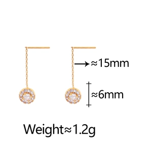 Detailed view of gold tassel earrings with zircon pave pendant and size specifications