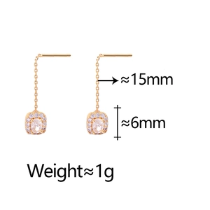 Detail showing dimensions of gold-plated square earring with tassel and cubic zirconia