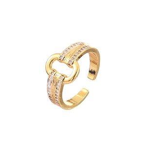 Vintage brushed gold double-layer hollow ring with cubic zirconia accents and open band