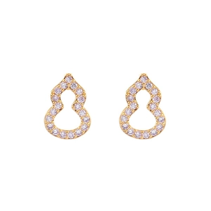 Elegant hollow gourd earrings in gold finish with pink cubic zirconia stones on white background