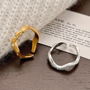 Wavy Copper Ring For Women Adjustable Open Design Matte Brushed Gold Silver Plated Cubic Zirconia Minimalist Fashion