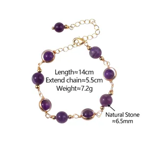 Bracelet élégant en pierre naturelle violette avec perles 6,5mm et chaîne dorée