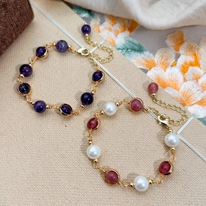 Bracelet Fait Main Améthyste Naturelle Quartz Fraise Cuivre Plaqué Or 14K Künstliche Perle D'imitation Bijoux Réglables Cadeau Pour Femmes