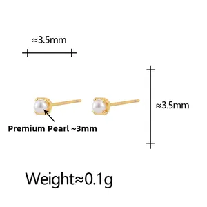 Detailed specs of 3.5mm mini pearl stud earrings with polished gold base and bright pearl