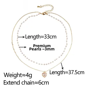 Detailed size view of double-layer heart shell necklace with 3mm premium pearls