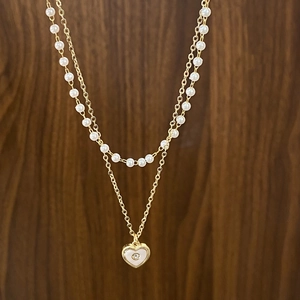 Layered Necklace With Heart Shell Pendant And Imitation Artificial Pearl Beads Copper Gold Plated Elegant Jewelry For Women