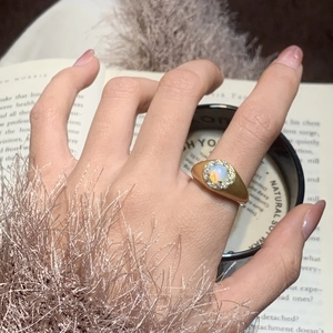 Vintage 18K gold plated opal signet ring with cubic zirconia accents for women