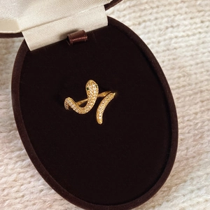 Macro shot of gold snake ring with micro-pave zircons in a brown velvet jewelry box