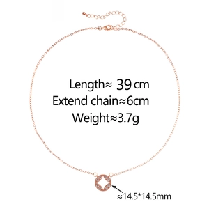 Detailed view of rose gold hollow star pendant with measurements and chain length info