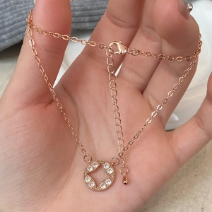 Vintage Rose Gold Plated Copper Round Star Pendant Necklace With Cubic Zirconia Geometric Inlay Jewelry For Women Daily Dating Fashion Accessory