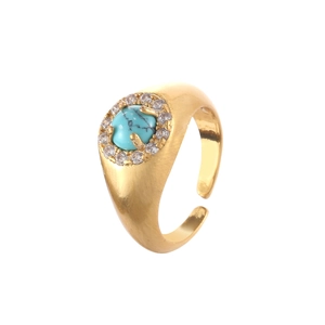 Adjustable gold plated ring featuring turquoise stone and sparkling zircon halo