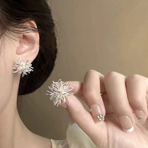 Sparkling silver zircon dandelion stud earrings with elegant radial starburst design