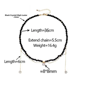 Detail of black crystal beaded necklace featuring zircon pendants and 6cm fringe tassels