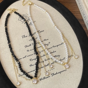 Copper Zircon Pendant Necklace Beaded Faux Artificial Pearl Black Crystal 14K Gold Plated Elegant Vintage Layered For Women