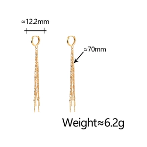 Detail showing dimensions of long gold tassel earrings with 70mm chain length