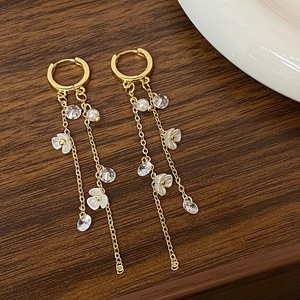 Vintage Floral Tassel Dangle Earrings Copper Gold Plated With White Flower Artificial Pearl Zircon Elegant Long Jewelry For Women
