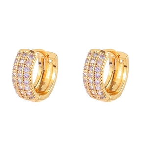 Elegant 18K gold-plated hoop earrings featuring three rows of purple pavé crystals