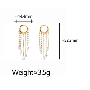 Detailed size chart for long gold tassel chain earrings with sparkling zircon crystals