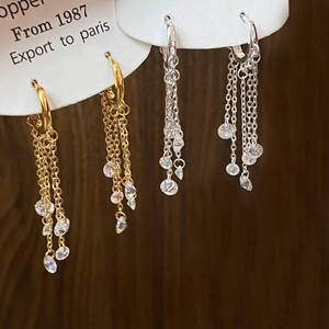 Long Tassel Chain Hoop Earrings Copper Zircon Pendants Geometric Minimalist Fashion Style Jewelry For Women Elegant