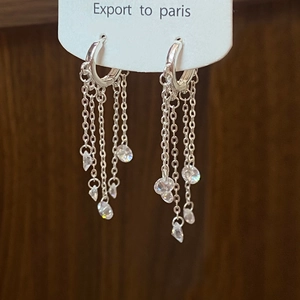 Elegant silver tassel earrings with zircon charms and multi-layer fringe chains on card