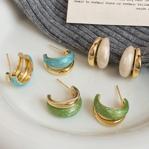 C-Shaped Hoop Earrings With 925 Sterling Silver Earring Post Gold Plated Copper Marble Enamel French Vintage For Women