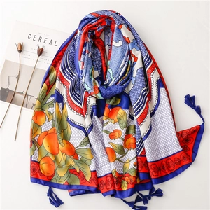 Ethnic style silk shawl with orange fruit patterns and dark blue tassels for beach sunshade