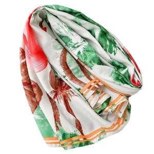 Floral print silk shawl with lotus tassels for summer beach sun protection and casual wear