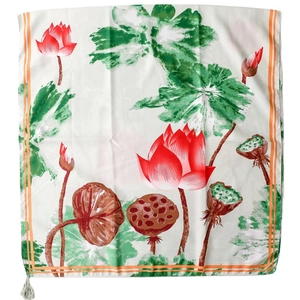 Ethnic style silk shawl with lotus print and tassels for summer beach sun protection