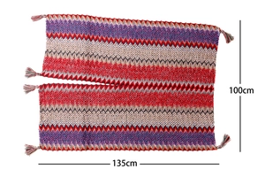 Detail of bohemian knit shawl with wave patterns, colorful tassels and dimensions