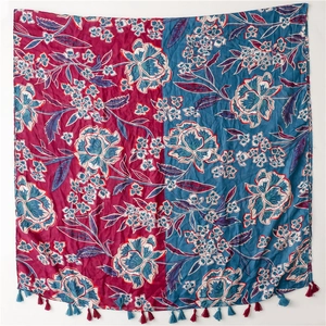 Floral cotton linen scarf with red and blue splicing, large flower prints and tassels