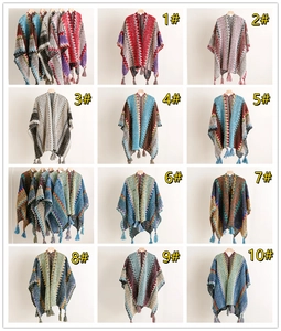 Collage of colorful bohemian knit ponchos featuring wave patterns and tassel details