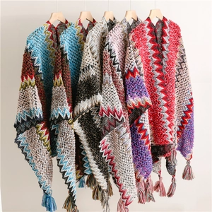 Bohemian Knitted Poncho Shawl Multi Color Zigzag Pattern With Tassels Ethnic Style Travel Wrap For Women