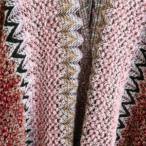 Macro shot of colorful wave pattern knit fabric with bouclé texture and mesh details