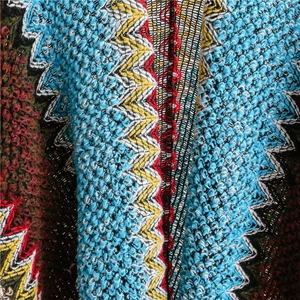 Macro texture of chevron knit shawl featuring vibrant multicolored zigzag patterns