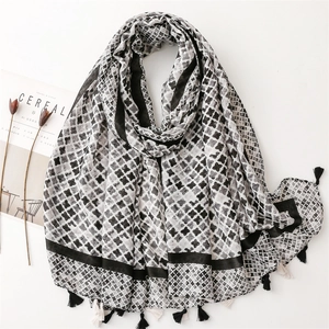 Women's Elegant Scarf Shawl French Style Cross Star Printed Polyester Satin Cotton Blend Soft Large Wraps With Tassels