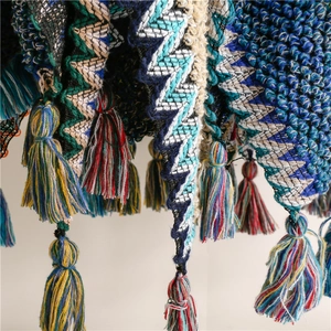 Detailed view of bohemian knitted shawl featuring colorful zigzag patterns and tassel fringe