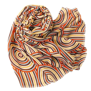 Rainbow striped cotton linen scarf with geometric arc patterns and fringed edges